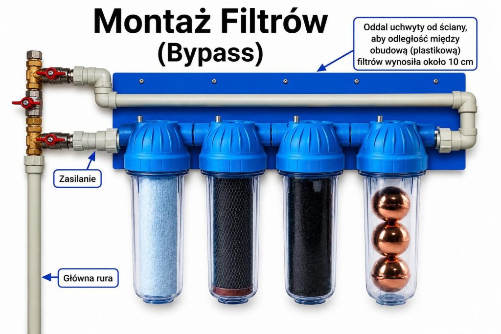 Wall-mounted four-stage water filtration system with blue housings and four filter cartridges connected to supply pipes; labels indicate power supply and main pipe.