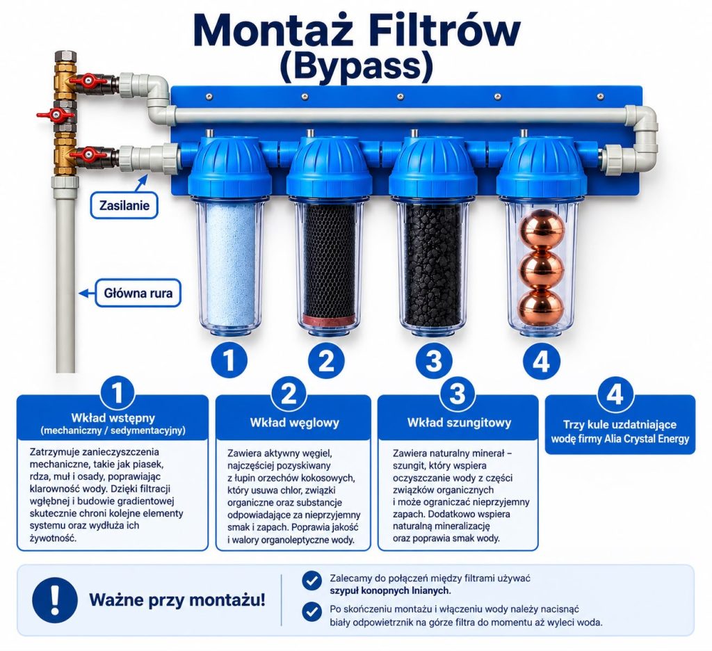 Diagram of a four-stage home water filtration system with blue filter housings numbered 1–4, showing supply line on the left and a main pipe, labels 'Zasilanie' and 'Główna rura' for context.
